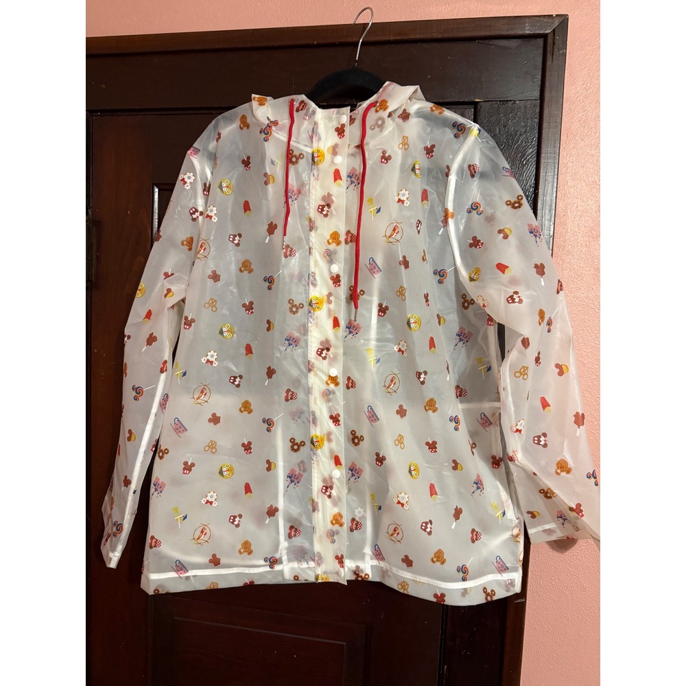 Disney Parks Snacks Rain Jacket Women Large Clear Mickey Pretzel Dole Whip Hood